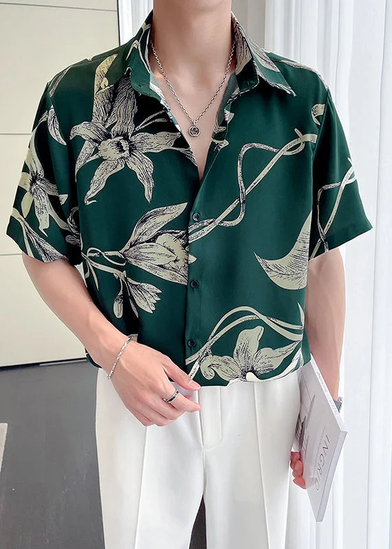 Fine Green Peter Pan Collar Print Loose Men Hawaiian Shirts Summer HG031 Stylish Button Shirt