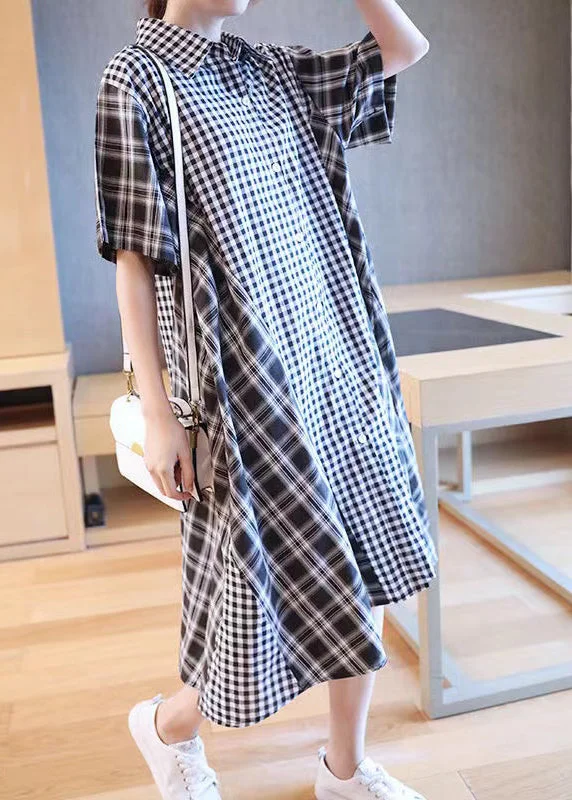 French Black Plaid Patchwork Button Long Shirts Dresses Short Sleeve GH1030 Button Front Shirt