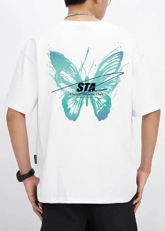 French Cyan Butterfly Print Cotton Mens T Shirts Summer LK057 Button Detail Shirt