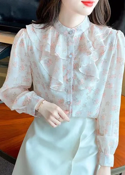 French Stand Collar Ruffled Print Chiffon Shirt Top Summer BV043 Shirt Dress Fashion