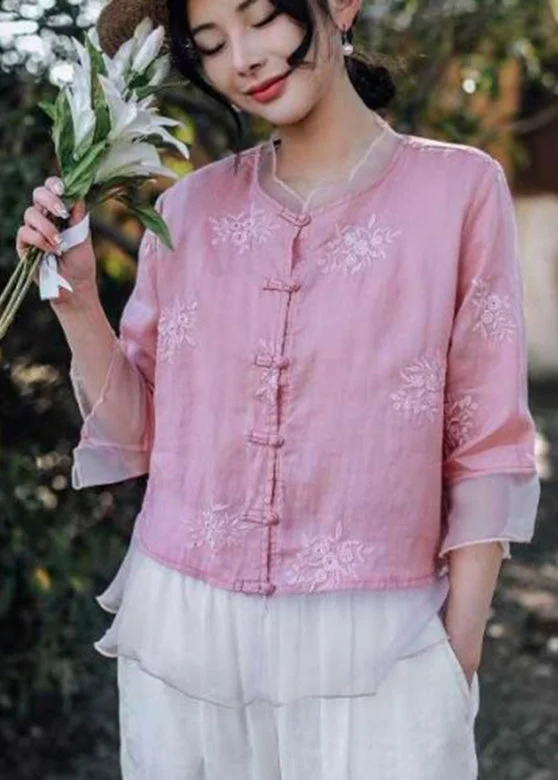 Handmade Pink O-Neck Embroidered Button Shirts Summer VV024 Modern Shirt Dress