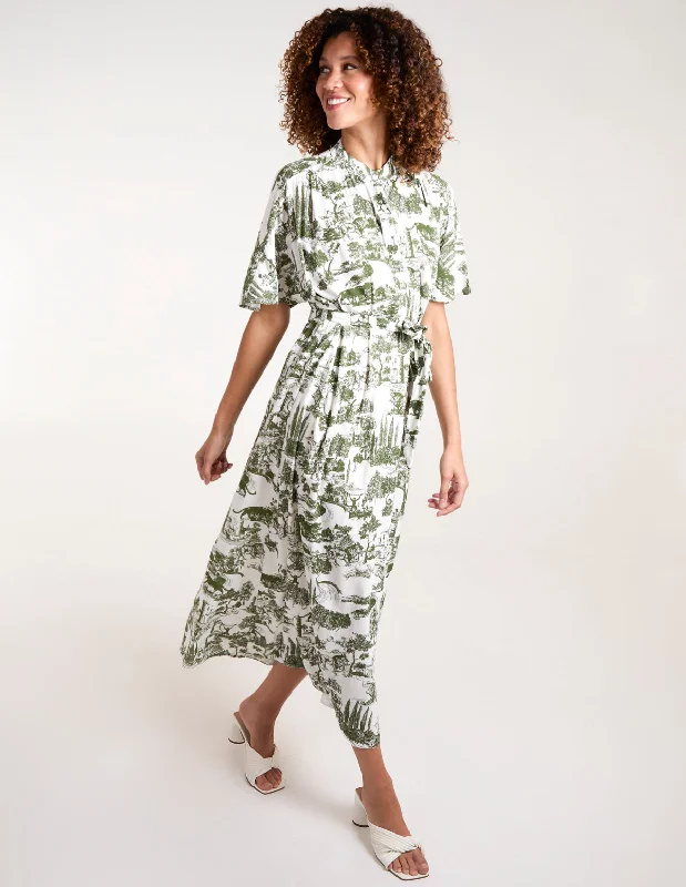 Porcelain Printed Belted Shirt Dress White Linen Shirt