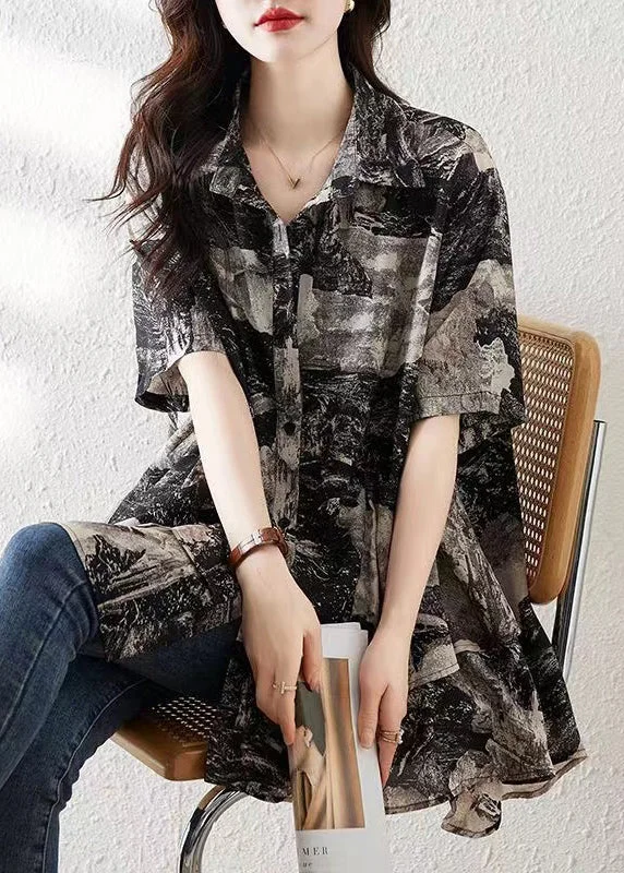 Loose Black Button Print Low High Design Cotton Shirt Summer NN045 Soft Shirt Dress