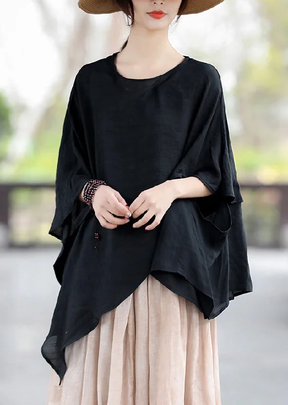 Loose Black O Neck Asymmetrical Cotton T Shirt Tops Summer LK023 Short Sleeve Shirt Dress