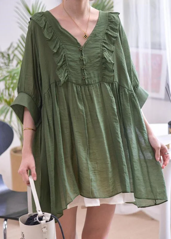 Loose Blackish Green V Neck Ruffled Cotton Shirts Summer MN043 Shirt Dress Chic