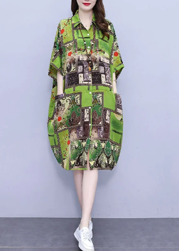 Loose Green Print Pockets Cotton Shirts Dress Half Sleeve NN030 White Shirt Dress