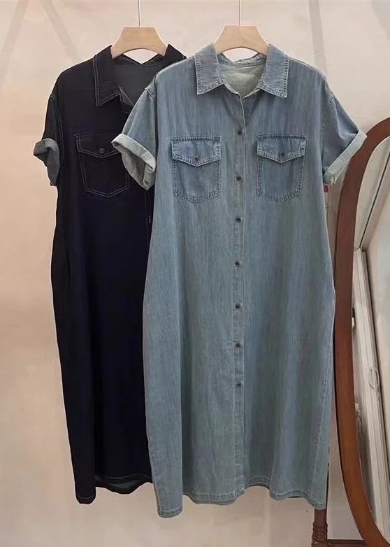 Loose Light Blue Peter Pan Collar Button Denim Shirts Dresses Summer MN085 Long Sleeve Shirt