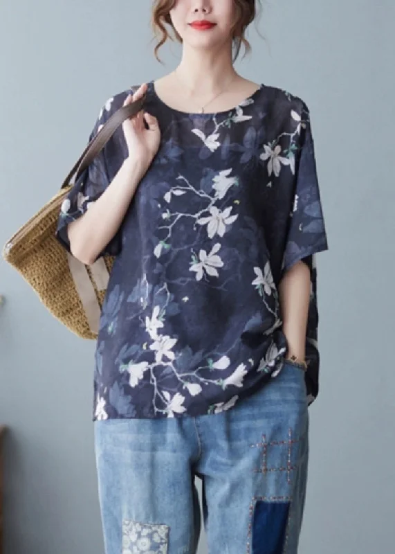 Loose Navy O Neck Print Linen T Shirts Summer JH020 Shirt Dress Glam