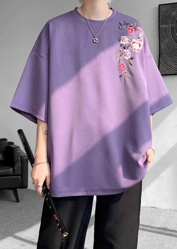 Loose Purple O Neck Embroideried Cotton Mens T Shirts Summer LK060 Relaxed Shirt Gown