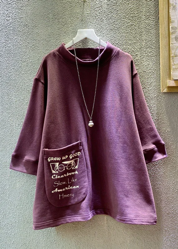 Loose Purple O-Neck Graphic Pockets Sweatshirts Summer BV022 Cotton Shirt Dress