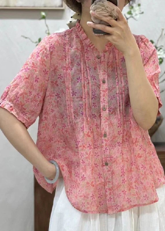 New Pink Ruffled Button Print Linen Shirt Summer JH007 Elegant Shirt Gown