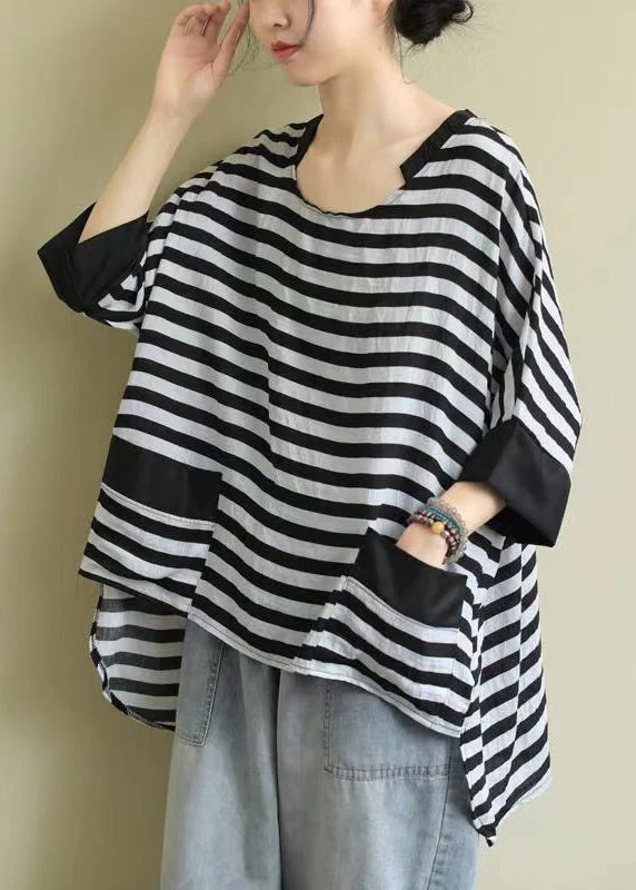 Plus Size Black O Neck Striped Low High Design Cotton Shirt Top Summer BV086 Simple Shirt Dress