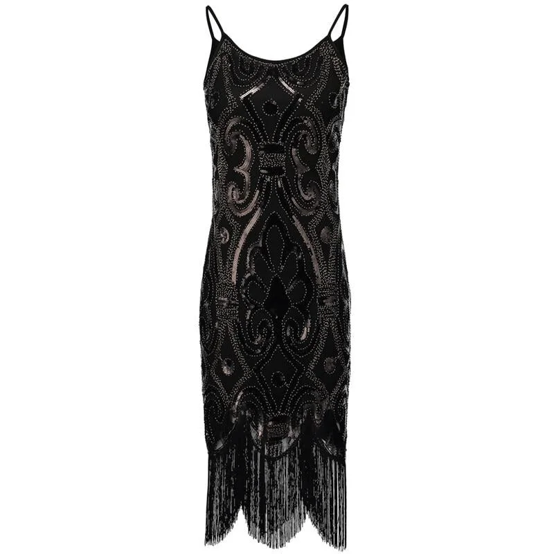 Black Sequin Fringe Cami Dress Vintage Paisley Beaded Sleeveless Great Gatsby Flapper Women Little Black Dress Sequin Gown Party