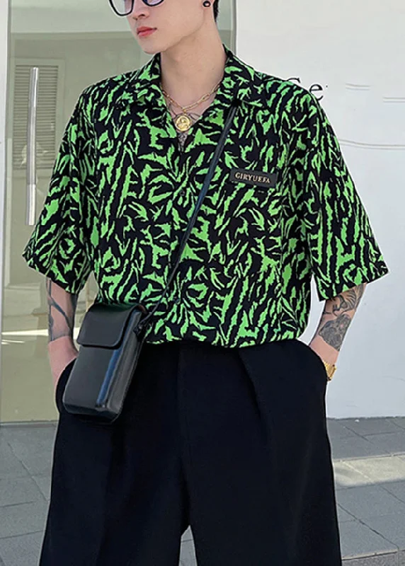 Stylish Green Peter Pan Collar Print Men Hawaiian Shirts Summer HG030 Black Shirt Dress