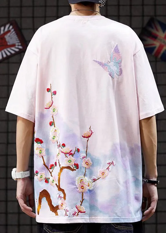 Stylish Pink O-Neck Embroideried Cotton Men T Shirts Summer LK066 Shirt Dress Wrap