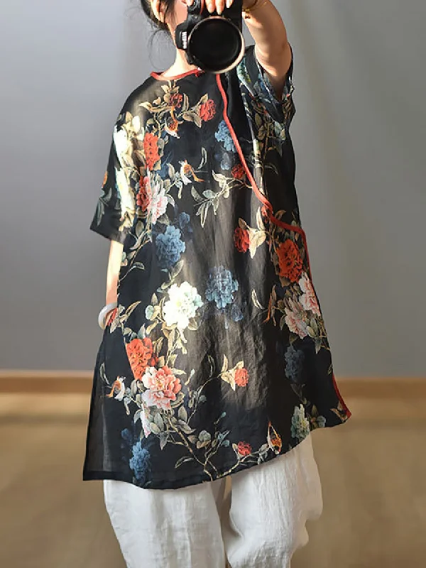 Women Summer Retro 100% Ramie Floral Print Shirt CX038 Flowy Shirt Dress