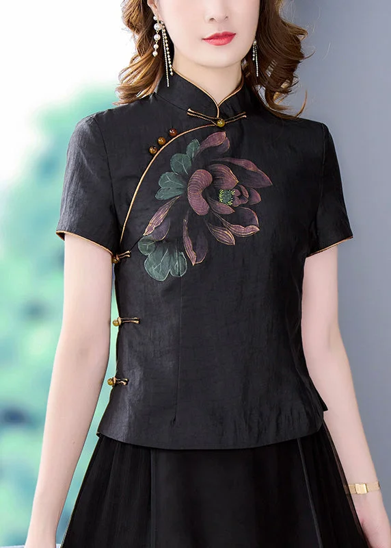 Vintage Black Stand Collar Print Chinese Button Silk Shirt Tops Summer BB024 Ruffled Shirt Dress