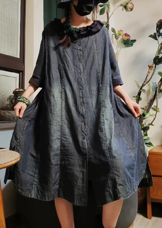 Vintage Blue Button Pockets Denim Shirts Dress Half Sleeve MN079 Summer Shirt Dress