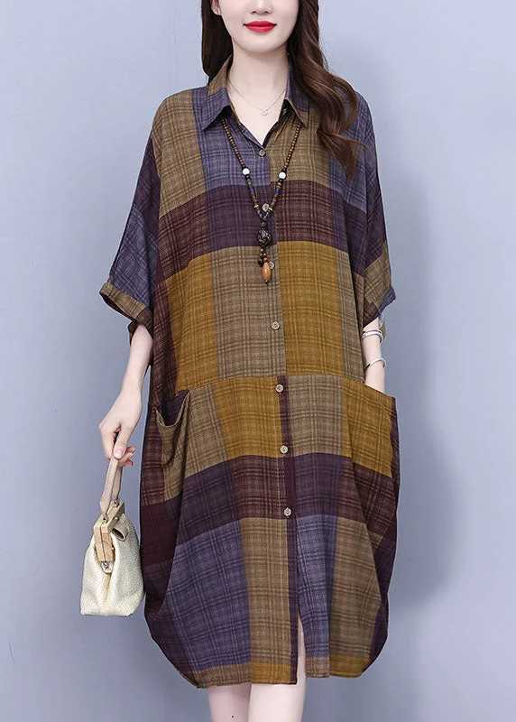 Vintage Peter Pan Collar Plaid Long Shirt Dress Summer BV017 Classic Button Shirt