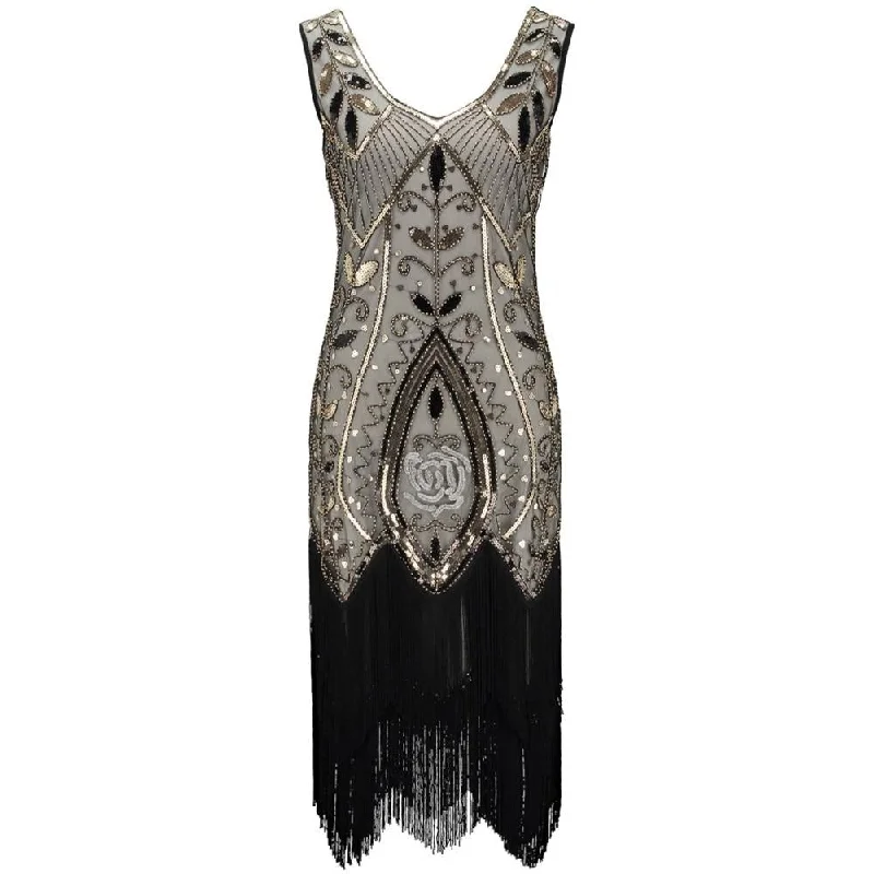 Women 1920s Flapper Art Deco Great Gatsby Dress Vestidos V-Neck Sleeveless Flower Embroidered Tiered Fringe Sequin Dress Sequin Dress Allure