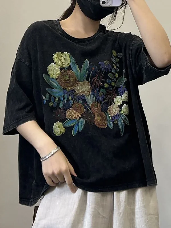 Women Casual Flower Summer Cotton Pullover Shirt OP1050