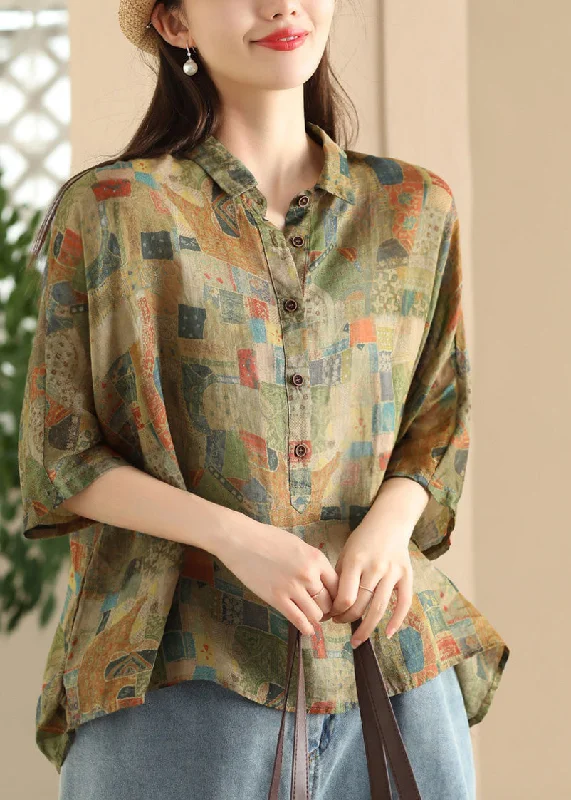 Women Green Peter Pan Collar Print Button Linen Shirt Summer LK028 Mini Shirt Dress