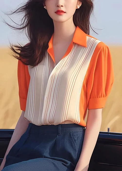 Women Orange Peter Pan Collar Patchwork Chiffon Shirt Summer KJ010 Modern Button Shirt