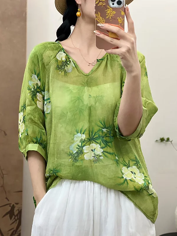 Women Summer Artsy Flower V-Neck Ramie Shirt CX009 Shirt Dress Look