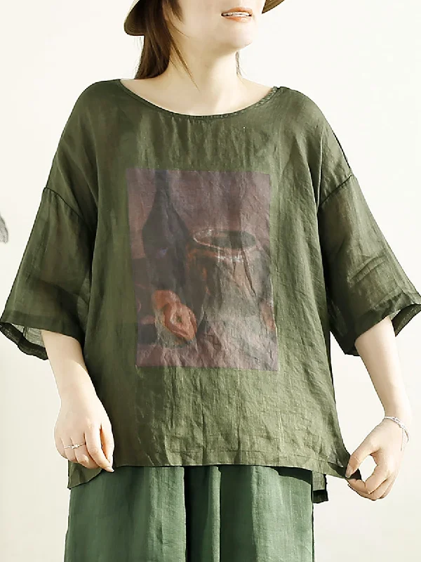 Women Summer Casual Print Loose Ramie Shirt OP1043