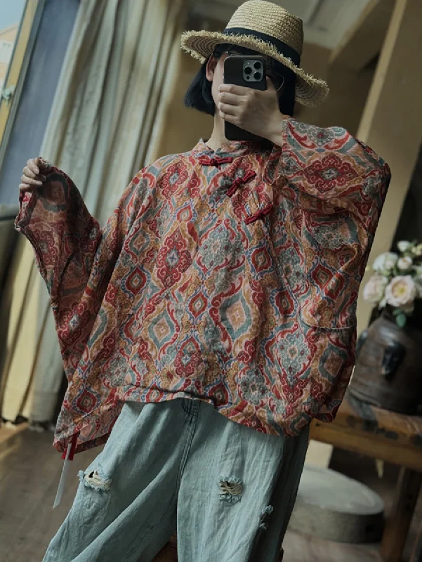 Women Summer Ethnic Print Ramie Loose Shirt CX059 Comfortable Shirt Dress