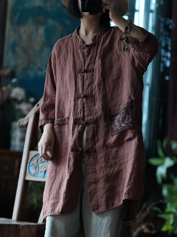 Women Summer Vintage Button-up Embroidery Linen Shirt Coat CC021 V-neck Shirt Dress