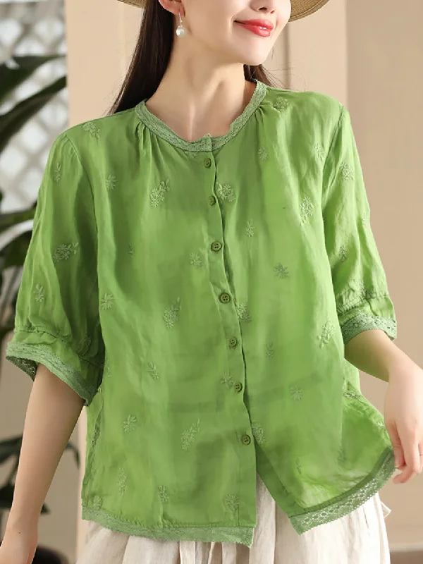 Women Summer Vintage Embroidery Button-up Ramie Shirt CX007 Chic Shirt Dress