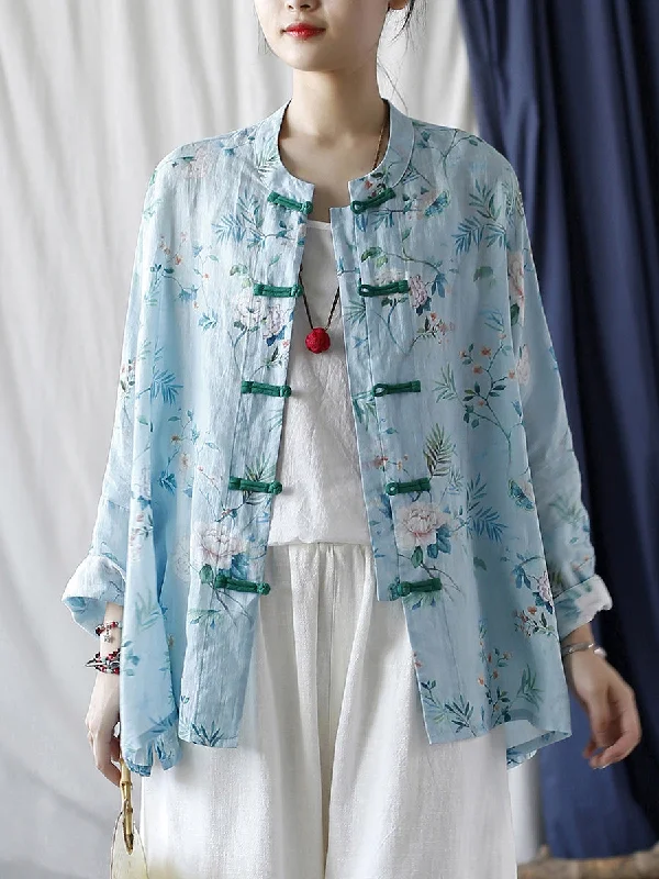 Women Summer Vintage Floral Button-up Ramie Shirt CX006 Casual Button Shirt