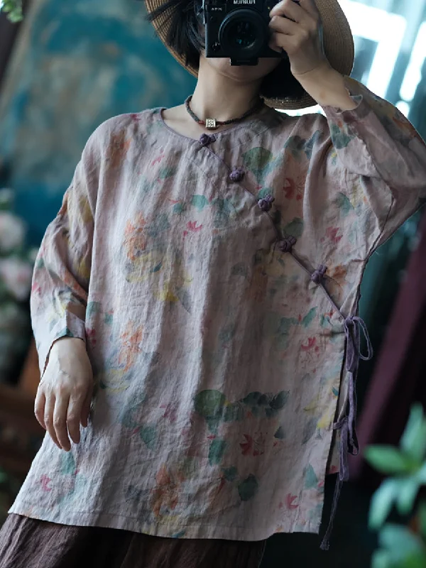 Women Summer Vintage Flower Strap Linen Shirt CC013 Tied Shirt Dress