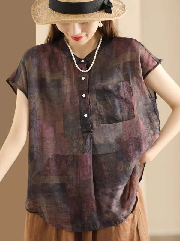 Women Summer Vintage Ramie Print Button-up Ramie Shirt OP1041