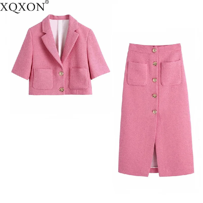 2022 Summer Blazer Women Two Piece Set Casual Solid Color Button Texture Small Suit Jacket and High Waist Midi Skirt Suits Skater Midi Skirt