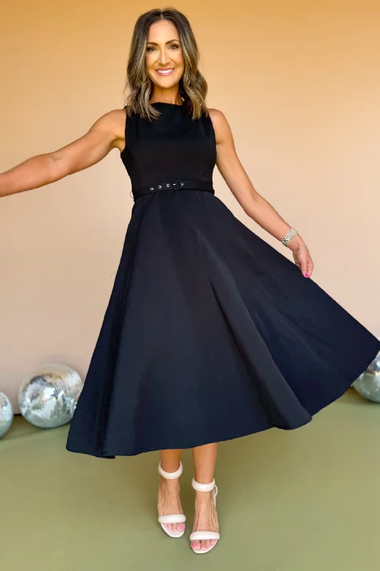 Black Boat Neck Self Belt Full Skirt Midi Dress *FINAL SALE* Button Midi Skirt