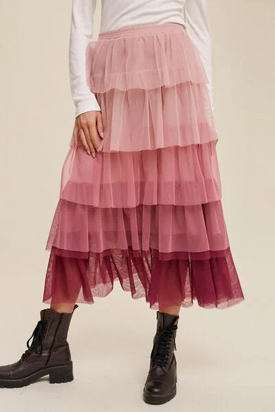 Blue Zone Planet |  Elastic Waist Layered Tulle Midi Skirt Pleated Midi Skirt