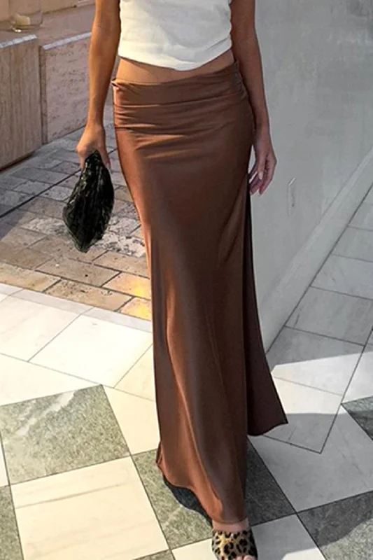 Brown Satin Low-Rise Slit Midi Skirt Silk Midi Skirt