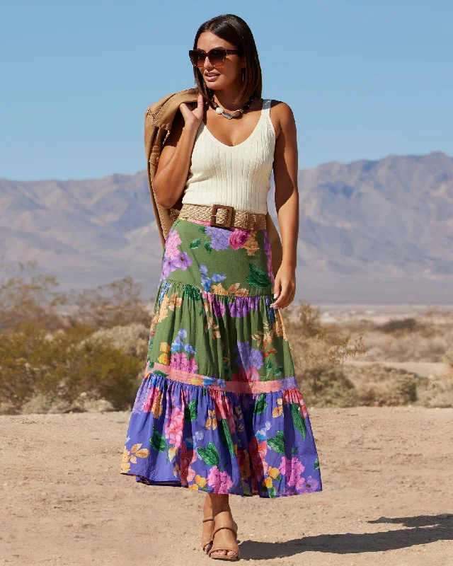 Fall Rainforest Print Midi Skirt Multi Ruffled Midi Skirt