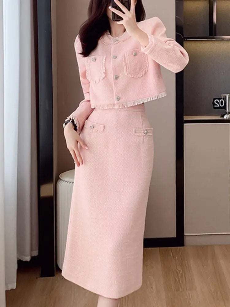 Chicdear French Elegant Women Pink 2 Pieces Set 2024 Autumn Tassel Long Sleeve Coat A-line Chic Midi Skirt Spring Y2k Lady Dress Suits Printed Midi Skirt