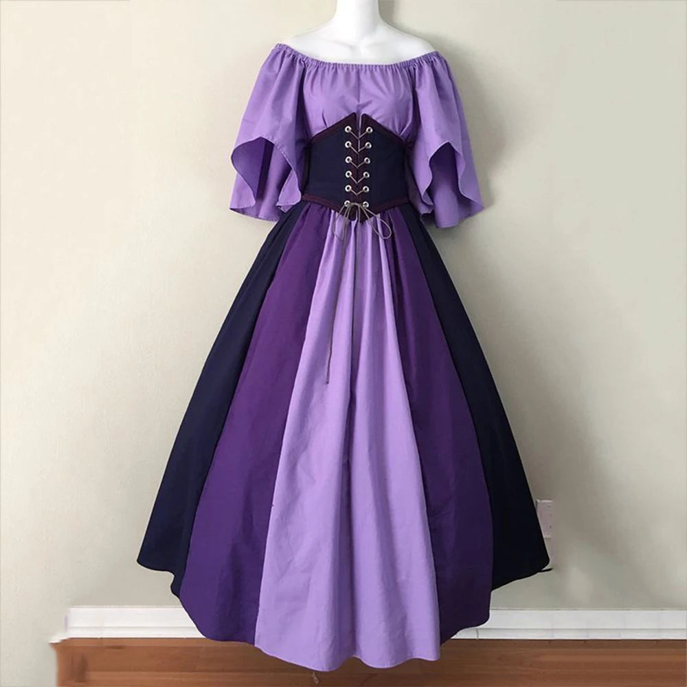 Girlary Medieval Retro Gothic A-Line Dress Women Contrast Color Spliced Flying Sleeve Big Hem Skirt Cocktail Party Drawstring Midi Dress Cozy Midi Skirt