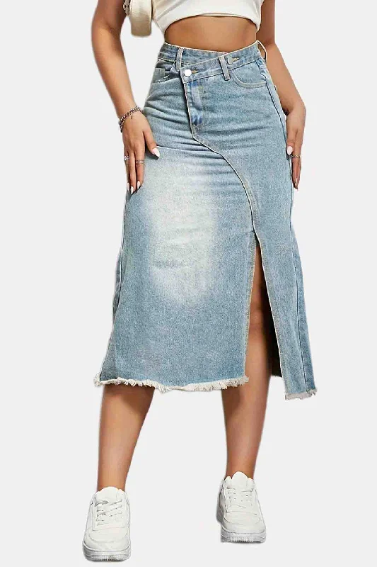 Irregular Front Slit Denim Midi Skirt Casual Midi Look