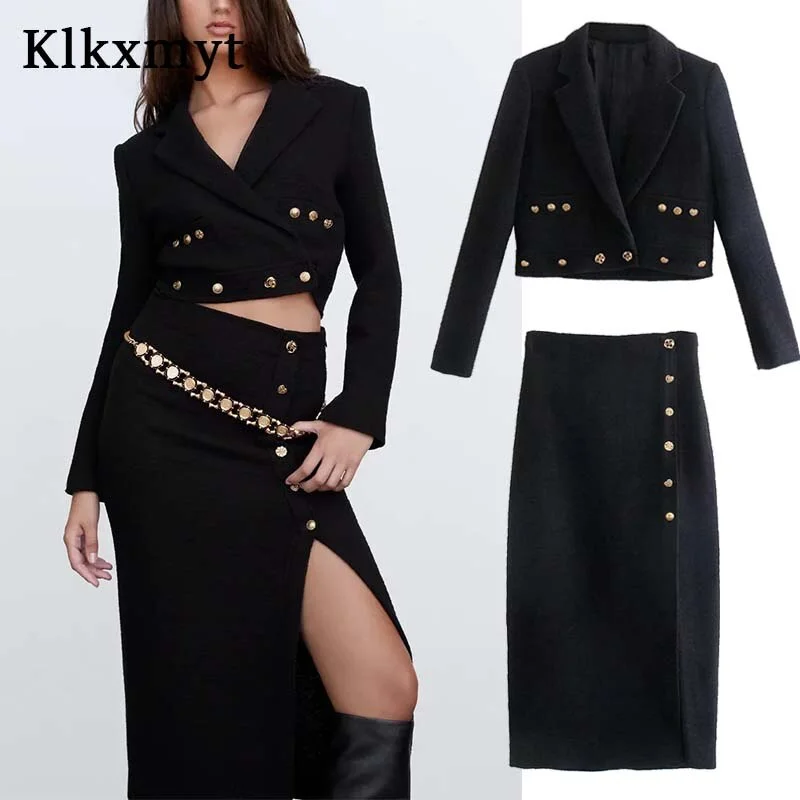 Klkxmyt Za Women Suits With Skirt Sets 2023 Metal Button Office Cropped Casual Blazers Coat Midi Skirt Set Woman Suit Everyday Midi Skirt