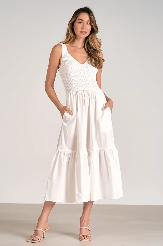 Knit Tank and Woven Skirt Tiered Midi Dress - Off White Soft Midi Skirt