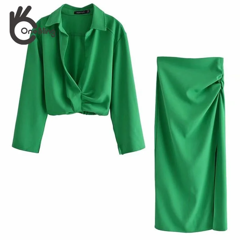 OneBling 2023 Green Summer Suits Wrist Sleeve Cropped Shirts and Midi Skirts Women Casual 2 Piece Sets Female Outfits Pleated Floral Midi