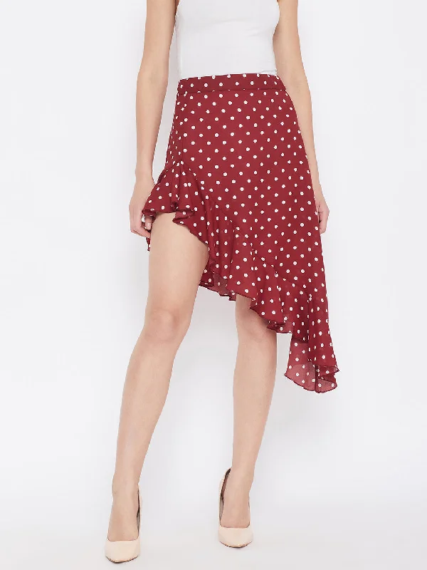 Berrylush Women Red Polka Dot Asymmetrical Ruffled A-Line Midi Skirt Midi Skirt Set