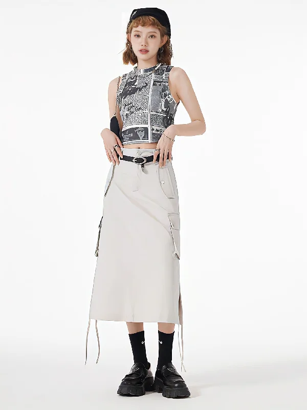 Slit & String Detailed Cargo Midi Skirt Sporty Midi Skirt