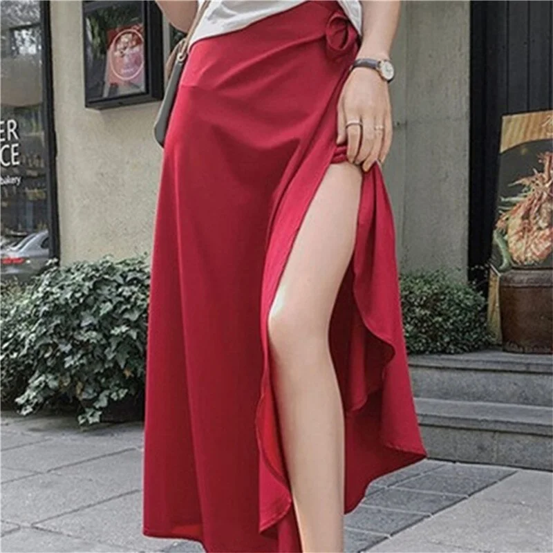 Summer Skirts Womens 2023 High Waist Side Tie Beach Casual Wrap Skirt Women Solid Elegant Midi Skirt Woman Clothes Fashion Midi Skirt