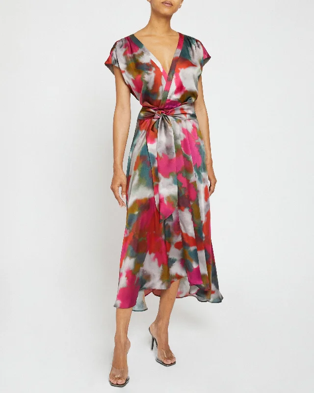 TALIA Faux-Wrap Midi Dress with Hi-Lo Skirt in Abstract Print Embroidered Midi Skirt